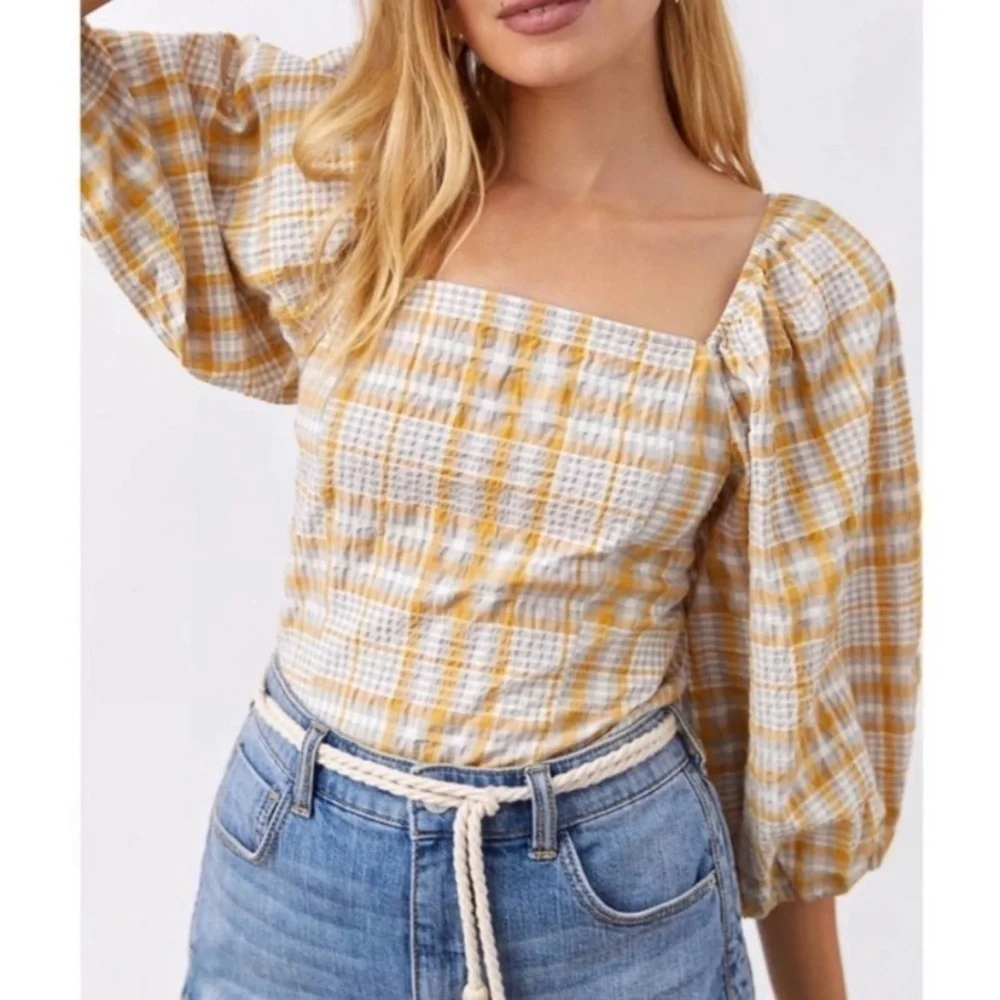 Anthropologie Maeve Plaid Print Square-Neck Blouse Puff Sleeves Cream Yellow Top